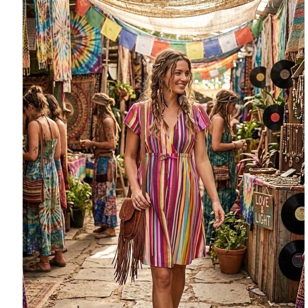 Boden Multi Color Vertical Stripe Wrap Dress Short Sleeve V-Neck US 8R UK 12R